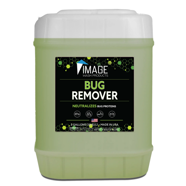 Image Wash Products 5 gallon Bug Remover spray, an exterior vehicle detailing cleaner that dissolves acidic bugs off of front of car, truck, semi, RV.