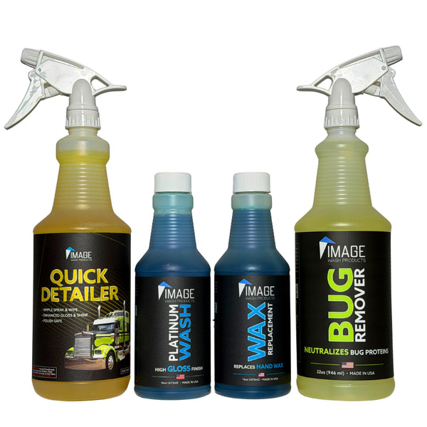 A 4-pack of Image brand car detailing and wax products, including Quick Detailer, Platinum Wash, Wax Replacement, and Bug Remover, arranged against a solid white background.