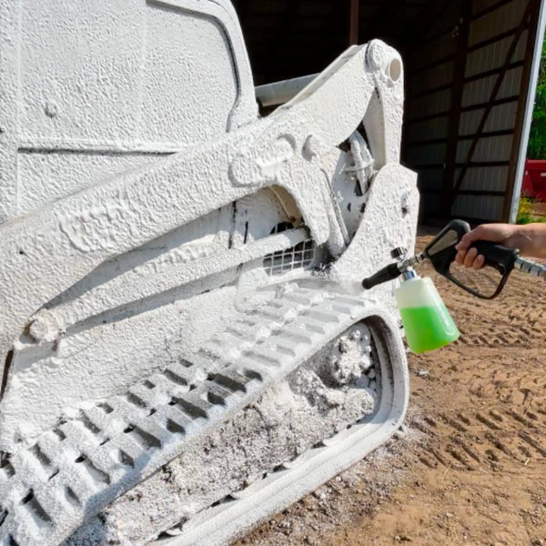 Heavy duty equipment covered in Image Wash Single Step foaming solution, the best soap for washing farm equipment.