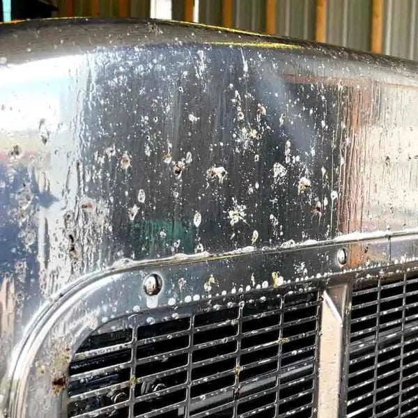 Alkaline bug remover spray for semi-trucks and big rigs, safe on polished aluminum and automotive paint.