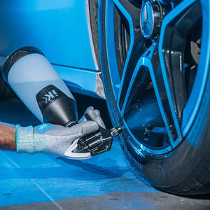 IK 360 Degree car detailing spray bottle with Image Wash Products coating a car's rims and tires. Pump Sprayer and Trigger Sprayers.