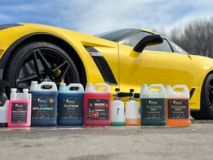 Ceramic Wax Replacement, Platinum Wash, Wash & Wax, Touchless 2 step car wash soap, and pressure washer soap foam cannons for car & truck washing + detailing. Sitting in front of a clean yellow Corvette sports car.