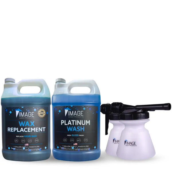 Platinum Wash gallon with Wax Replacement gallon, plus two garden hose foam cannons