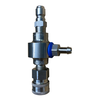 Suttner ST-160 single soap downstream injector with 3/8 inch quick-connect plug, quick-connect socket, and chemical barb inlet