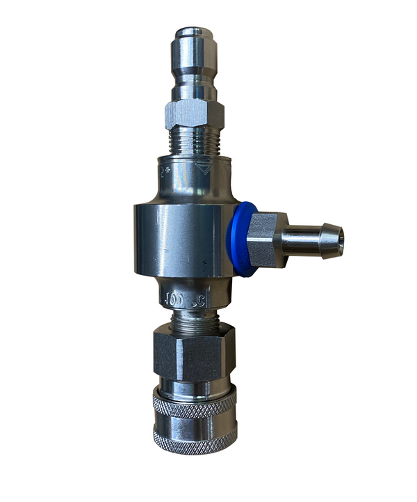 Suttner ST-160 single soap downstream injector with 3/8 inch quick-connect plug, quick-connect socket, and chemical barb inlet