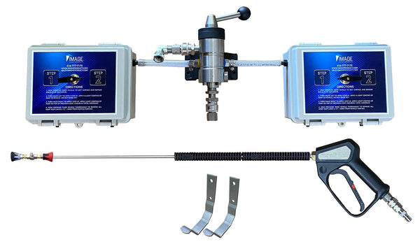 4-soap wash system with Suttner ST-164 dual injector, two metering soap boxes, Premium Hi-Lo wash lance with ST-2315 trigger gun, and stainless J-hooks