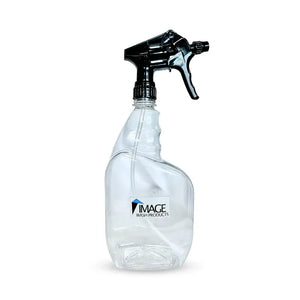 32oz clear PET spray bottle with black trigger.
