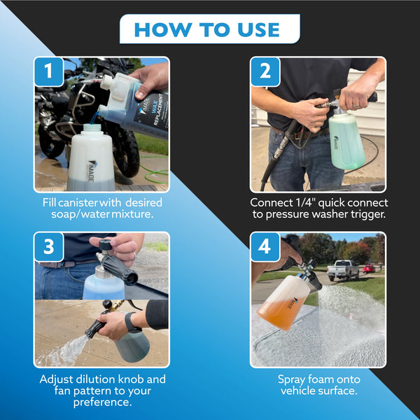 Instructions on how to use a pressure washer with a canister, shown in four steps.