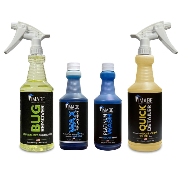 Four Image brand automotive care spray bottles arranged side by side on a white background: Bug Remover with a yellow-green liquid, Wax, Platinum Wash, and Quick Detailer with a pale yellow liquid.