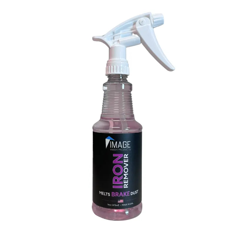 Iron Remover 16oz For Removing Industrial Fallout (metal fragments) From Rims, Painted Surfaces, Plastic, and much more! Safe for all surfaces, turns purple when it comes into contact with Iron. Image Wash Products.