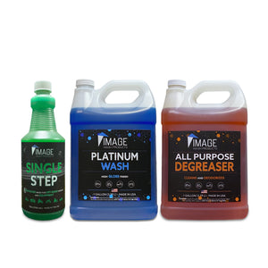 Mud Warefare Truck & Offroad vehicle wash kit by Image Wash Products. Single Step 32oz offroad wash on the left, Platinum Wash neutral pH car wash soap in the middle, and All Purpose Degreaser & Cleaner prerinse on the right.