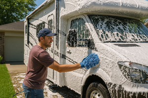 RV Camper being washed in a driveway on a sunny day. Thick white foam soap suds cover the surface of the RV as a guy is using a blue and white microfiber wash mitt to massage the soap into the RV surface.