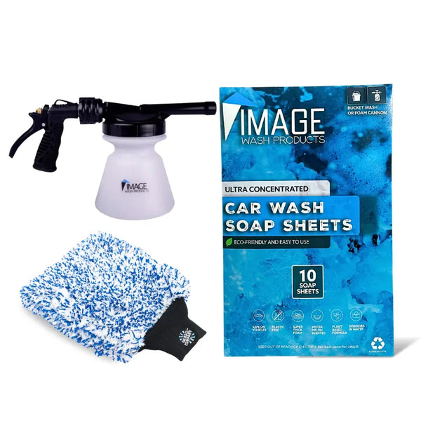 Car Wash Soap Sheet Starter Kit with garden hose foam cannon.