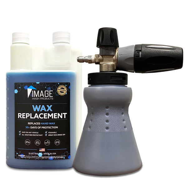 32oz bottle of Image Wash Products 32oz Wax Replacement with Image MTM Hydro foam cannon for pressure washer