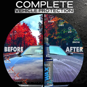 Before and after shot of a car with and without wax replacement foamable vehicle protectant by Image Wash Products
