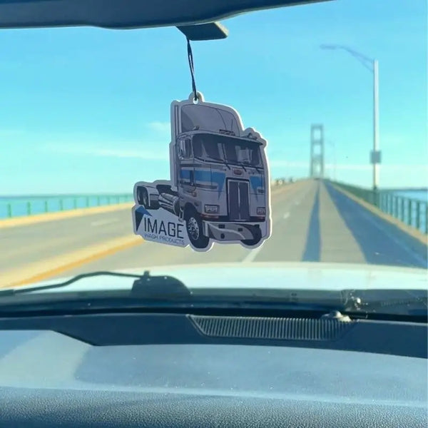 Cabover Air Freshener Hanging On Rear View Mirror While Crossing The Mackinaw Island Bridge In Michigan.