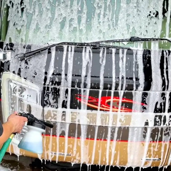 Foam cannon for hose in use on RV | Image Wash Products
