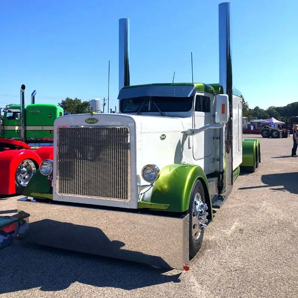 Green and white Peterbilt at St. Ignace Truck Show